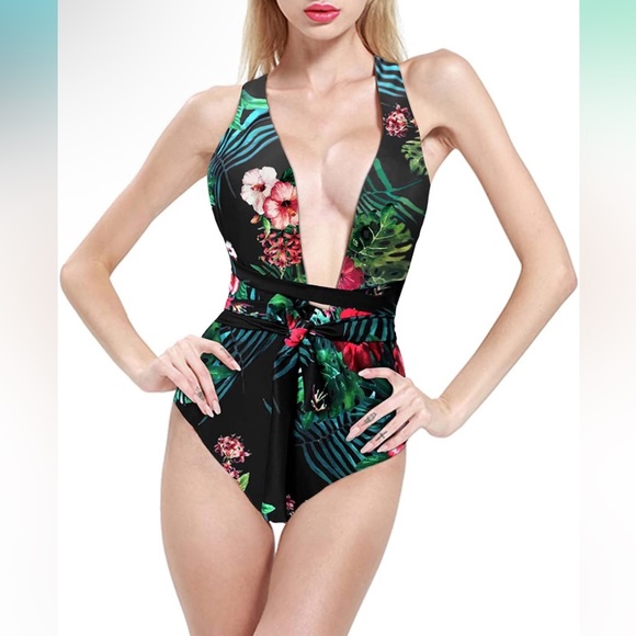 Begonia.K Tropical Print Deep V-Neck Criss Cross Floral One Piece Swimsuit - Picture 3 of 8